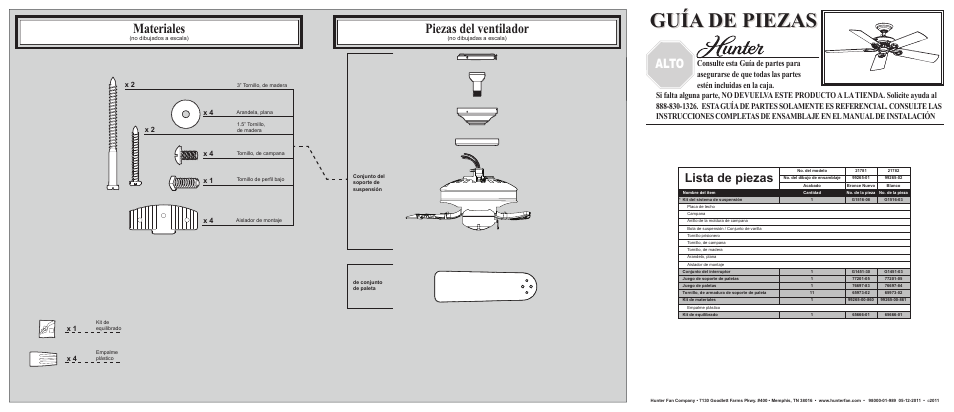 Guía de piezas, Materiales, Piezas del ventilador | Alto, Lista de piezas | Hunter Fan Hunter 21781 User Manual | Page 2 / 2