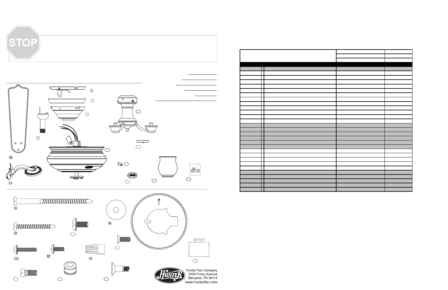 669 cayman 97163 spx.pdf, Guía de piezas, Lista de piezas | Piezas del ventilador, Herrajes | Hunter Fan 23791 User Manual | Page 2 / 2