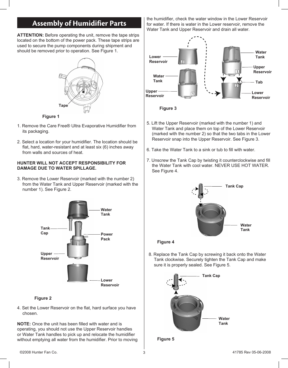 Assembly of humidifier parts | Hunter Fan CARE FREE 34200 User Manual | Page 3 / 19