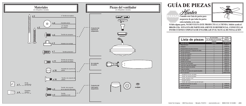 Guía de piezas, Materiales, Piezas del ventilador | Parada, Lista de piezas | Hunter Fan 21318 User Manual | Page 2 / 2