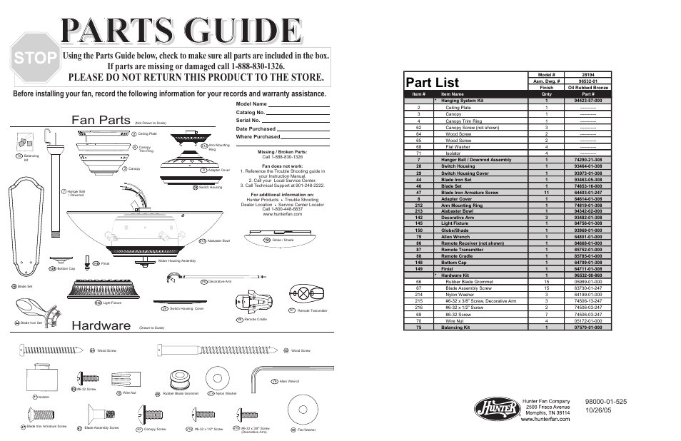 Parts guide, Part list, Fan parts | Hardware, Please do not return this product to the store | Hunter Fan 28194 User Manual | Page 2 / 4