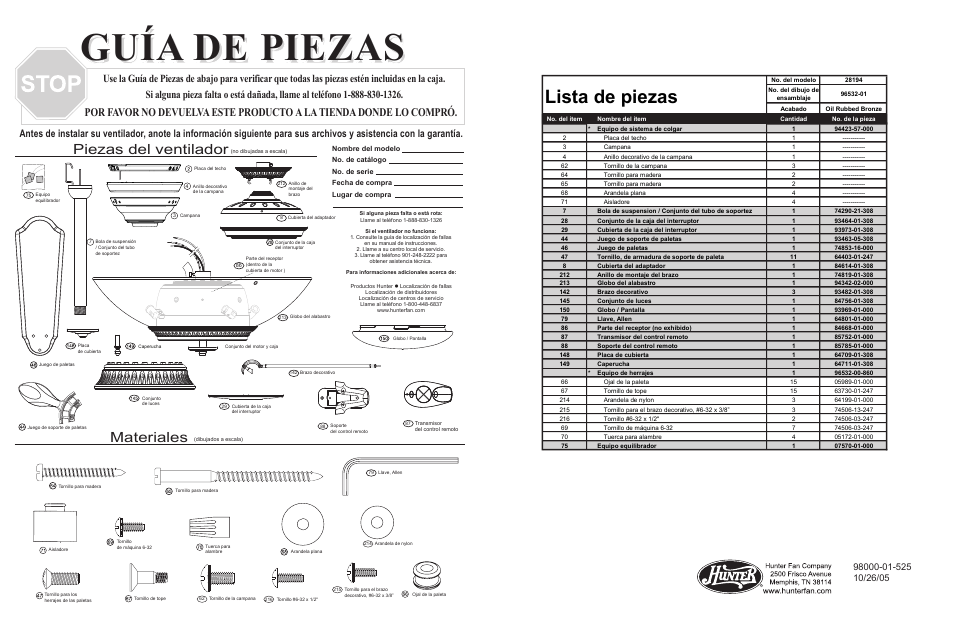 Guía de piezas, Lista de piezas, Materiales | Piezas del ventilador | Hunter Fan 28194 User Manual | Page 3 / 4