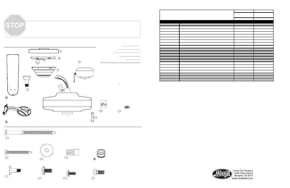 Guía de piezas, Lista de piezas, Herrajes | Piezas del ventilador | Hunter Fan 26487 User Manual | Page 2 / 2