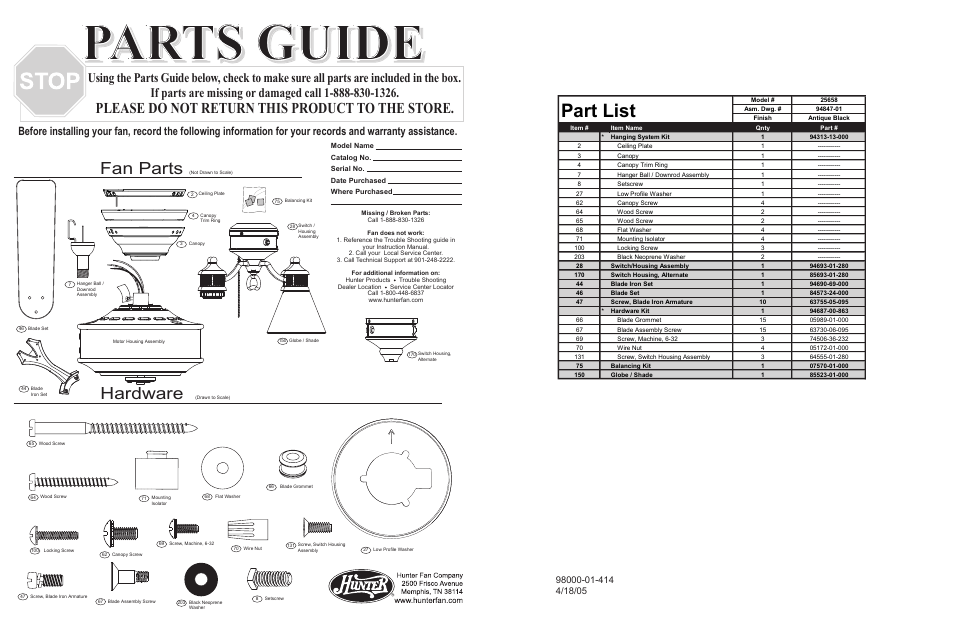 Parts guide, Part list, Fan parts | Hardware, Please do not return this product to the store | Hunter Fan 25658 User Manual | Page 2 / 4