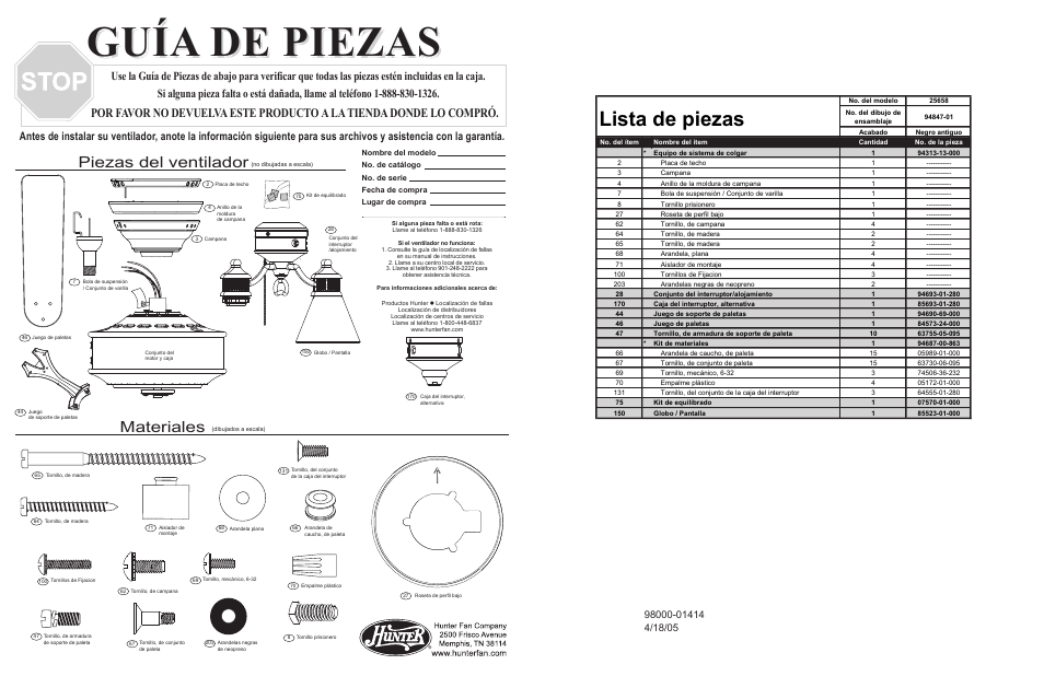 Guía de piezas, Lista de piezas, Materiales | Piezas del ventilador | Hunter Fan 25658 User Manual | Page 4 / 4