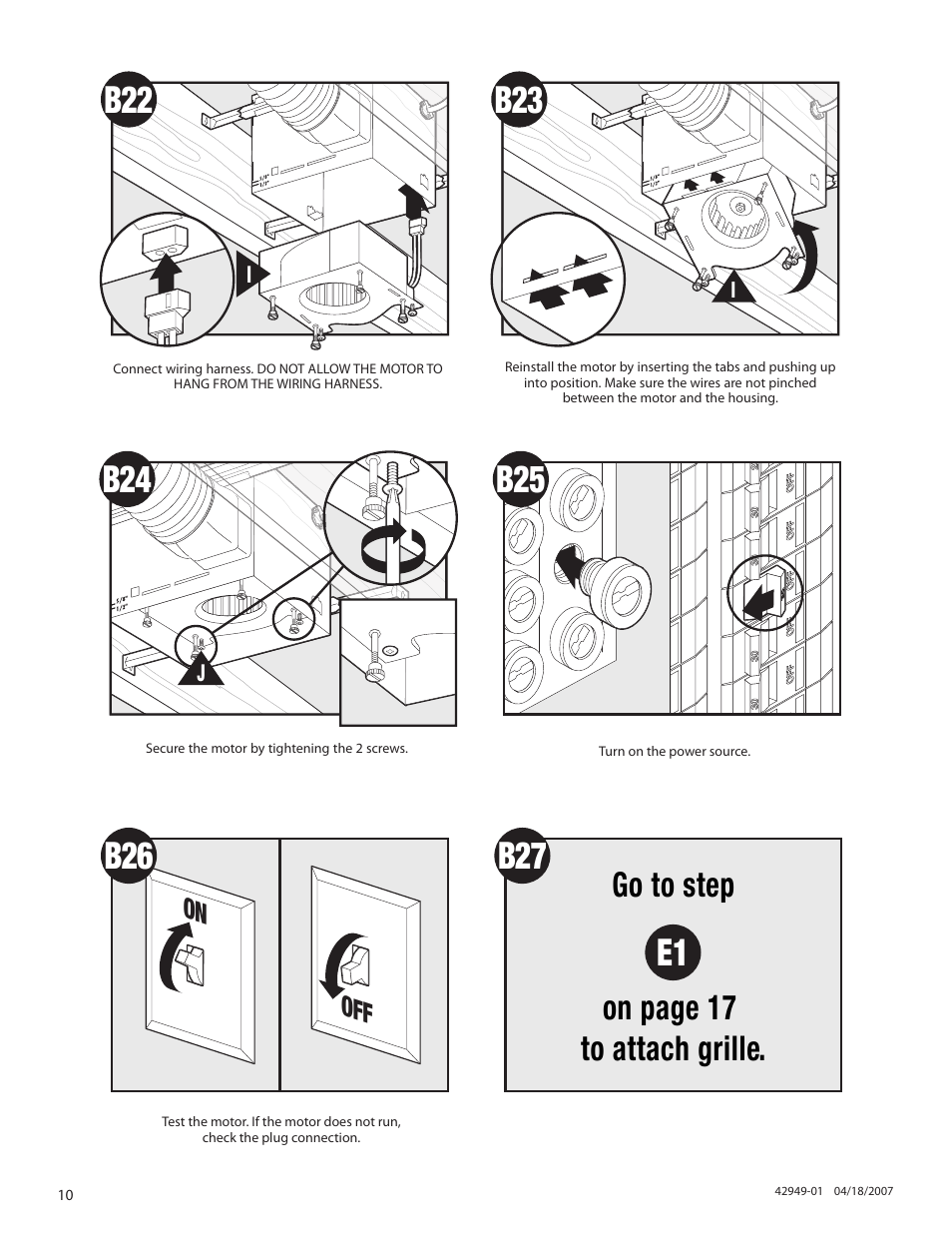 B27 e1, Go to step on page 17 to attach grille, On off | Hunter Fan 82022 User Manual | Page 10 / 60