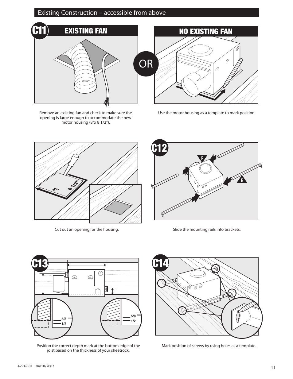 C11 c12, C13 c14, Existing fan | No existing fan | Hunter Fan 82022 User Manual | Page 11 / 60