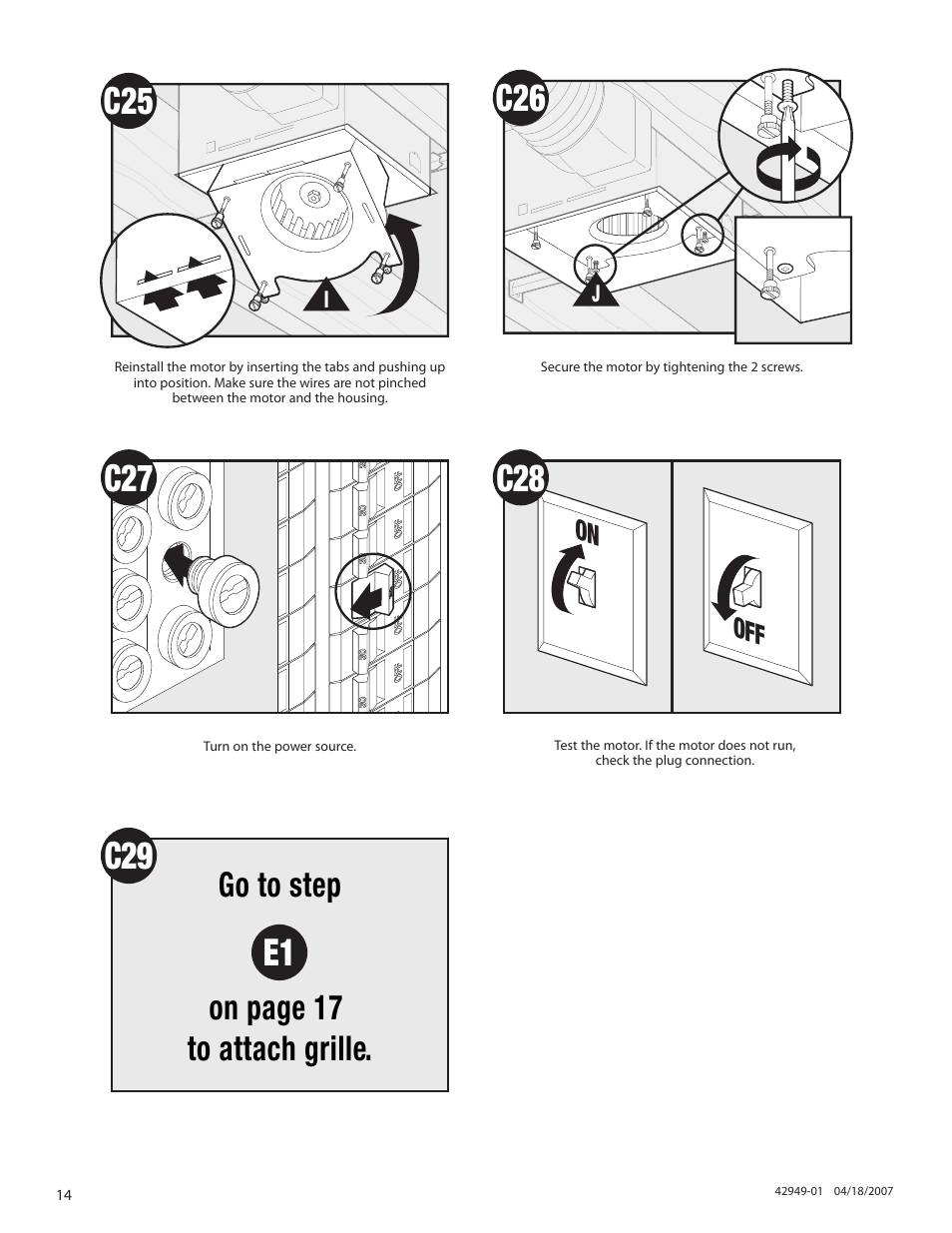 C29 e1, Go to step on page 17 to attach grille, On off | Hunter Fan 82022 User Manual | Page 14 / 60