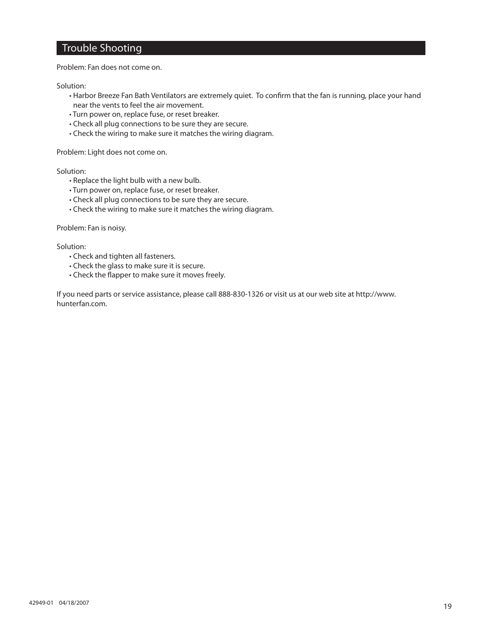 Trouble shooting | Hunter Fan 82022 User Manual | Page 19 / 60