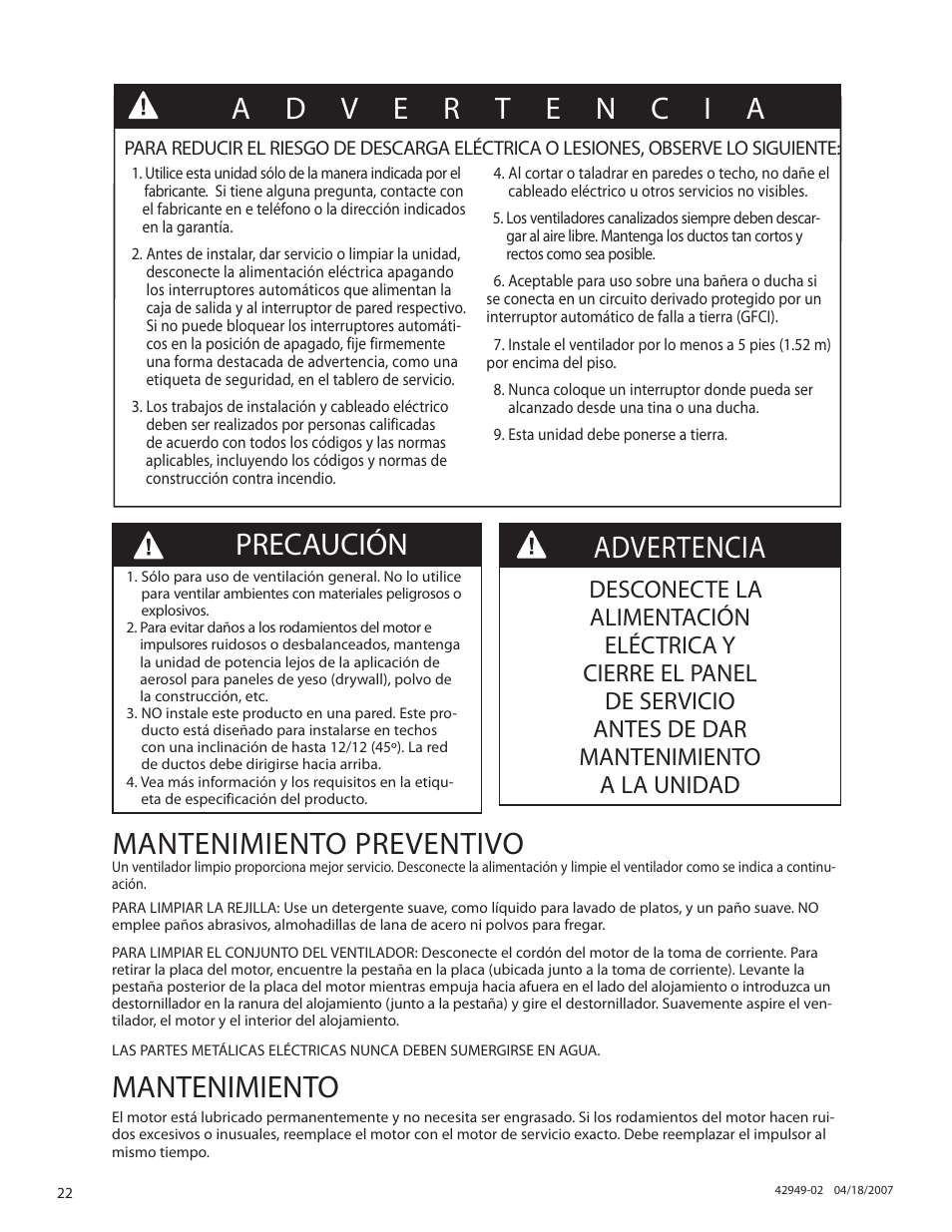 Mantenimiento preventivo, Mantenimiento, Precaución advertencia | Hunter Fan 82022 User Manual | Page 22 / 60