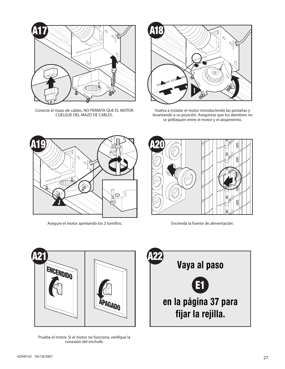A22 e1, Vaya al paso en la página 37 para fijar la rejilla | Hunter Fan 82022 User Manual | Page 27 / 60