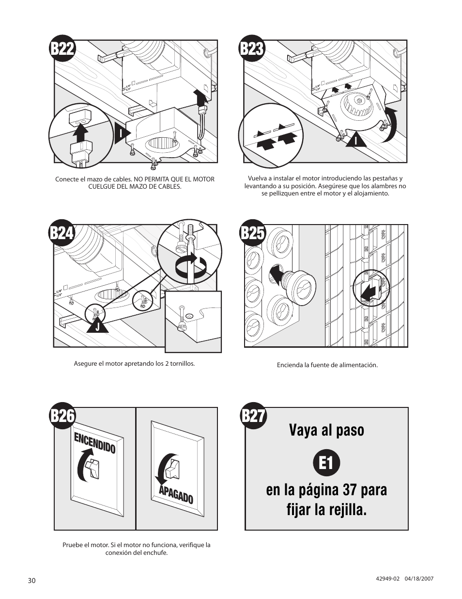 B27 e1, Vaya al paso en la página 37 para fijar la rejilla | Hunter Fan 82022 User Manual | Page 30 / 60