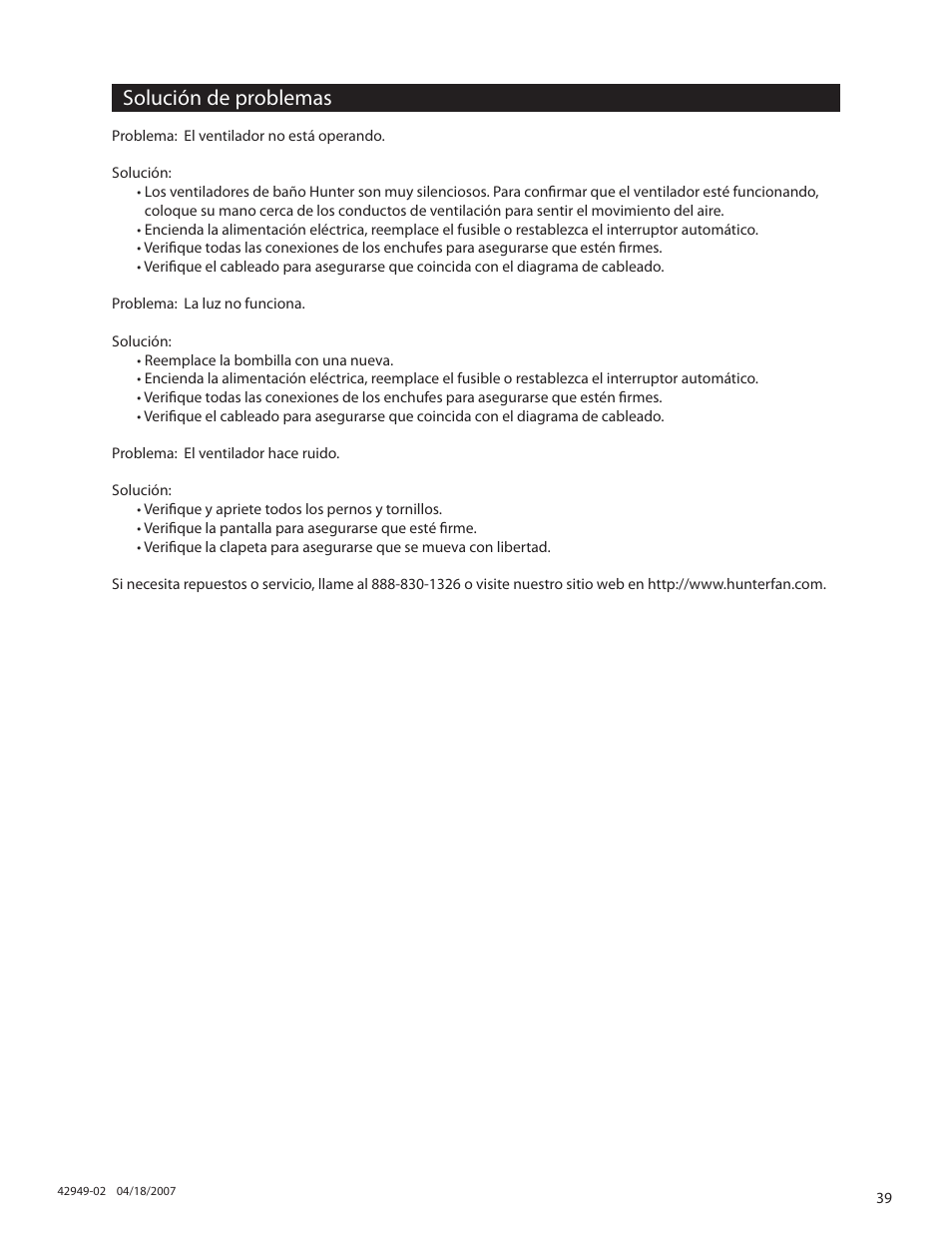 Solución de problemas | Hunter Fan 82022 User Manual | Page 39 / 60