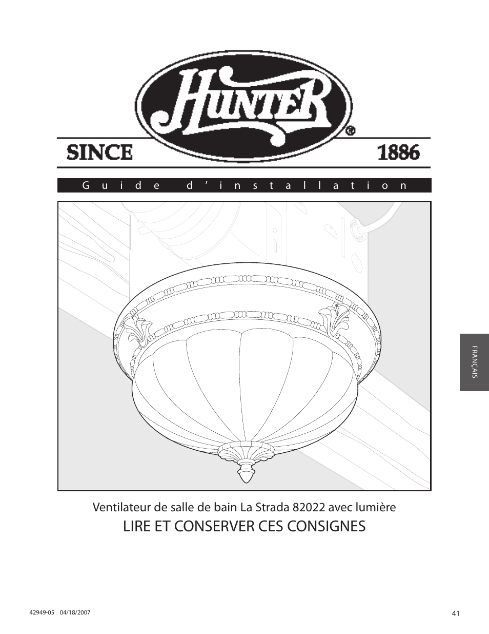 Lire et conserver ces consignes | Hunter Fan 82022 User Manual | Page 41 / 60