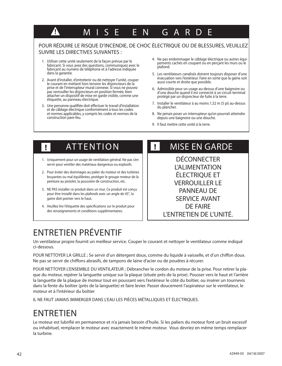 At tention, Mise en garde entretien préventif, Entretien | Hunter Fan 82022 User Manual | Page 42 / 60