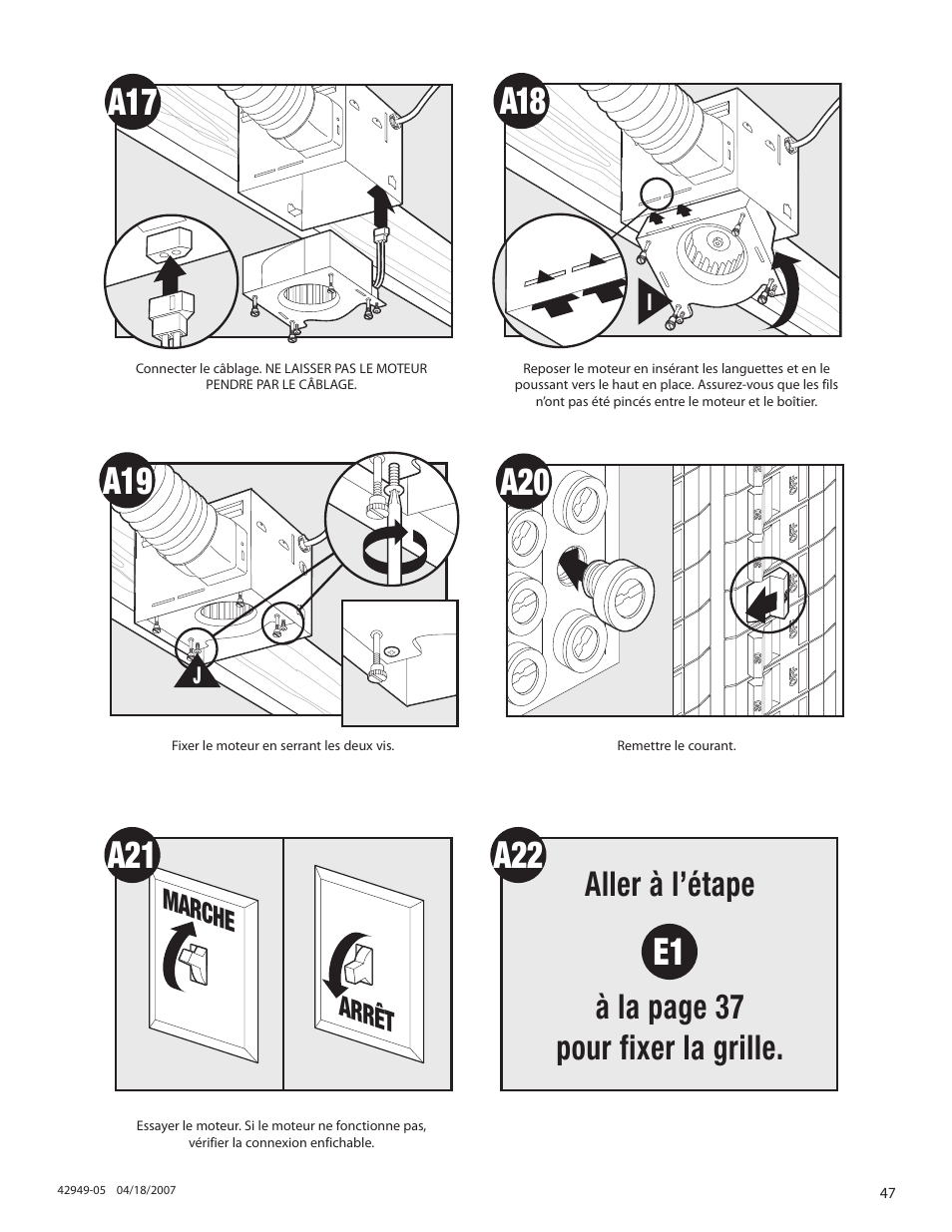 A22 e1, Aller à l’étape à la page 37 pour fixer la grille, Marche arrêt | Hunter Fan 82022 User Manual | Page 47 / 60