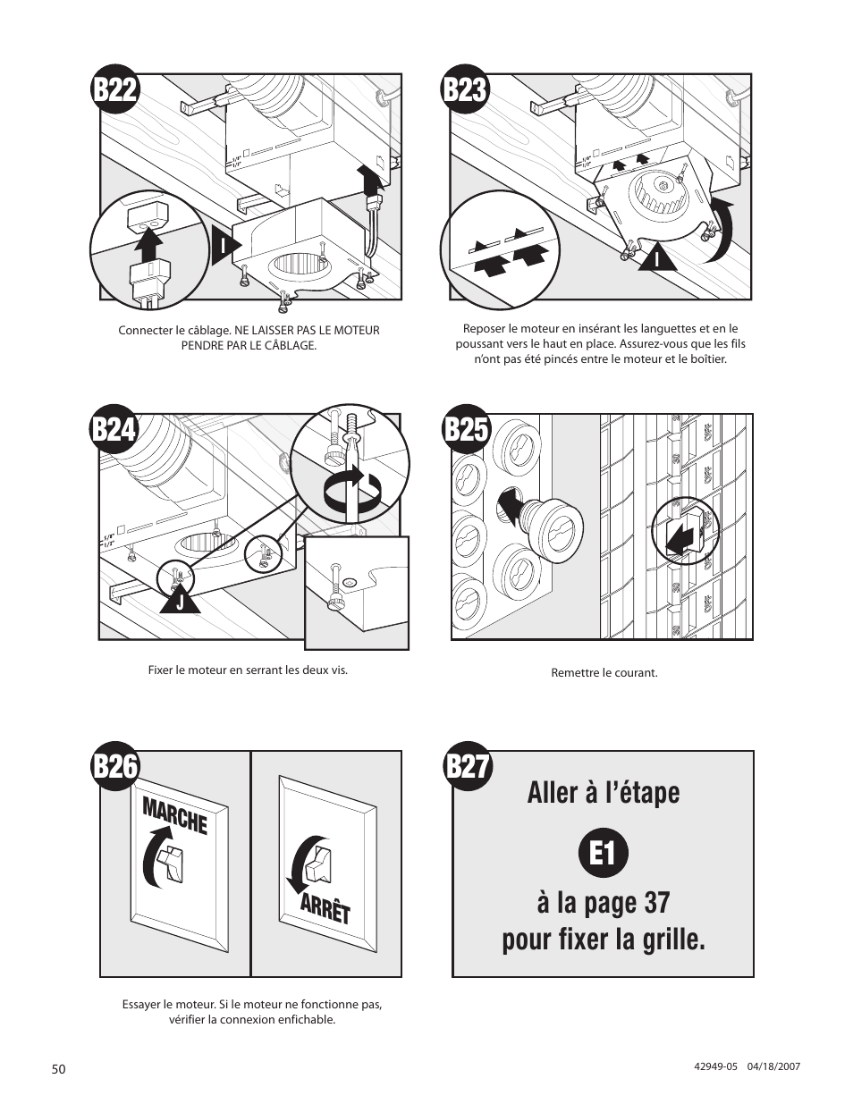 B27 e1, Aller à l’étape à la page 37 pour fixer la grille, Marche arrêt | Hunter Fan 82022 User Manual | Page 50 / 60