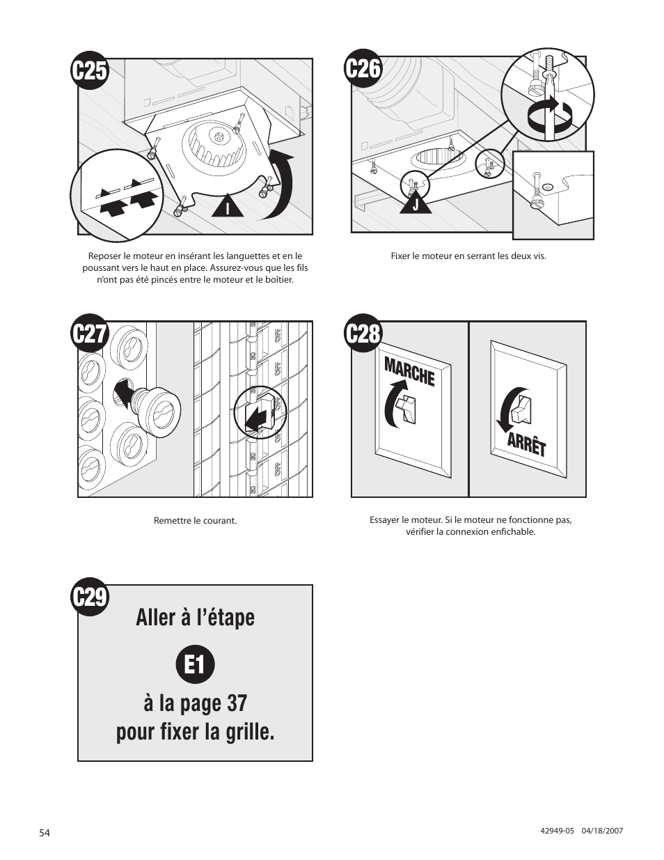 Aller à l’étape à la page 37 pour fixer la grille, Marche arrêt | Hunter Fan 82022 User Manual | Page 54 / 60