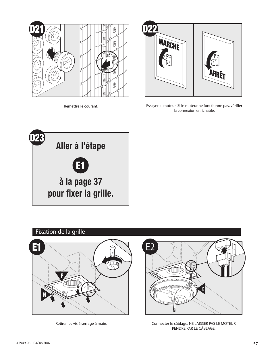 Aller à l’étape à la page 37 pour fixer la grille, Marche arrêt | Hunter Fan 82022 User Manual | Page 57 / 60