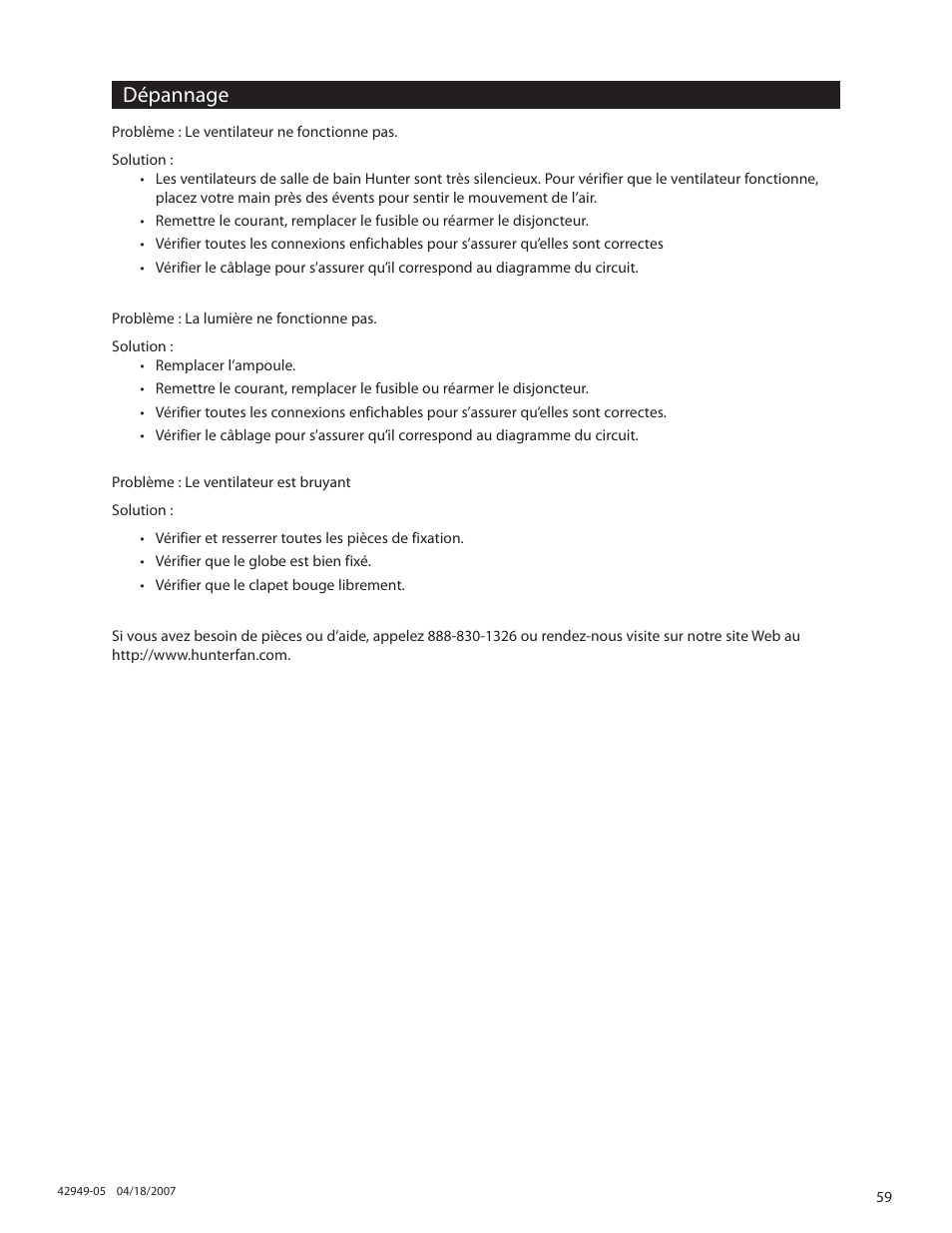 Dépannage | Hunter Fan 82022 User Manual | Page 59 / 60