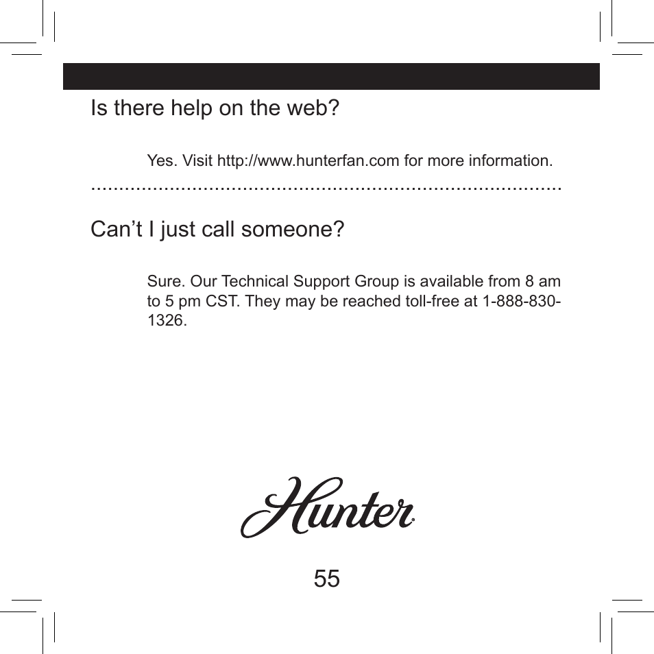 Is there help on the web, Can’t i just call someone | Hunter Fan 42711-01 User Manual | Page 55 / 55