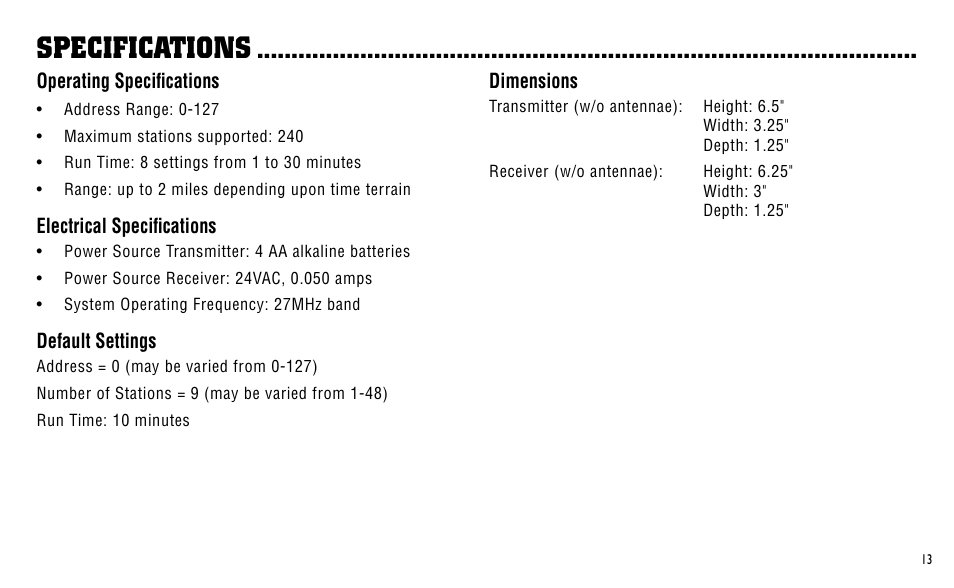 Specifications | Hunter Fan ICR User Manual | Page 17 / 32