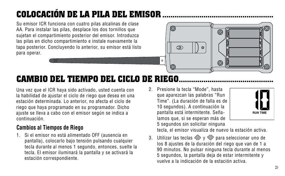 Colocación de la pila del emisor, Cambio del tiempo del ciclo de riego, Cambios al tiempos de riego | Hunter Fan ICR User Manual | Page 25 / 32