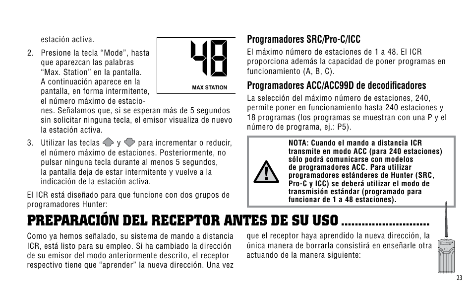 Preparación del receptor antes de su uso, Programadores src/pro-c/icc, Programadores acc/acc99d de decodificadores | Hunter Fan ICR User Manual | Page 27 / 32