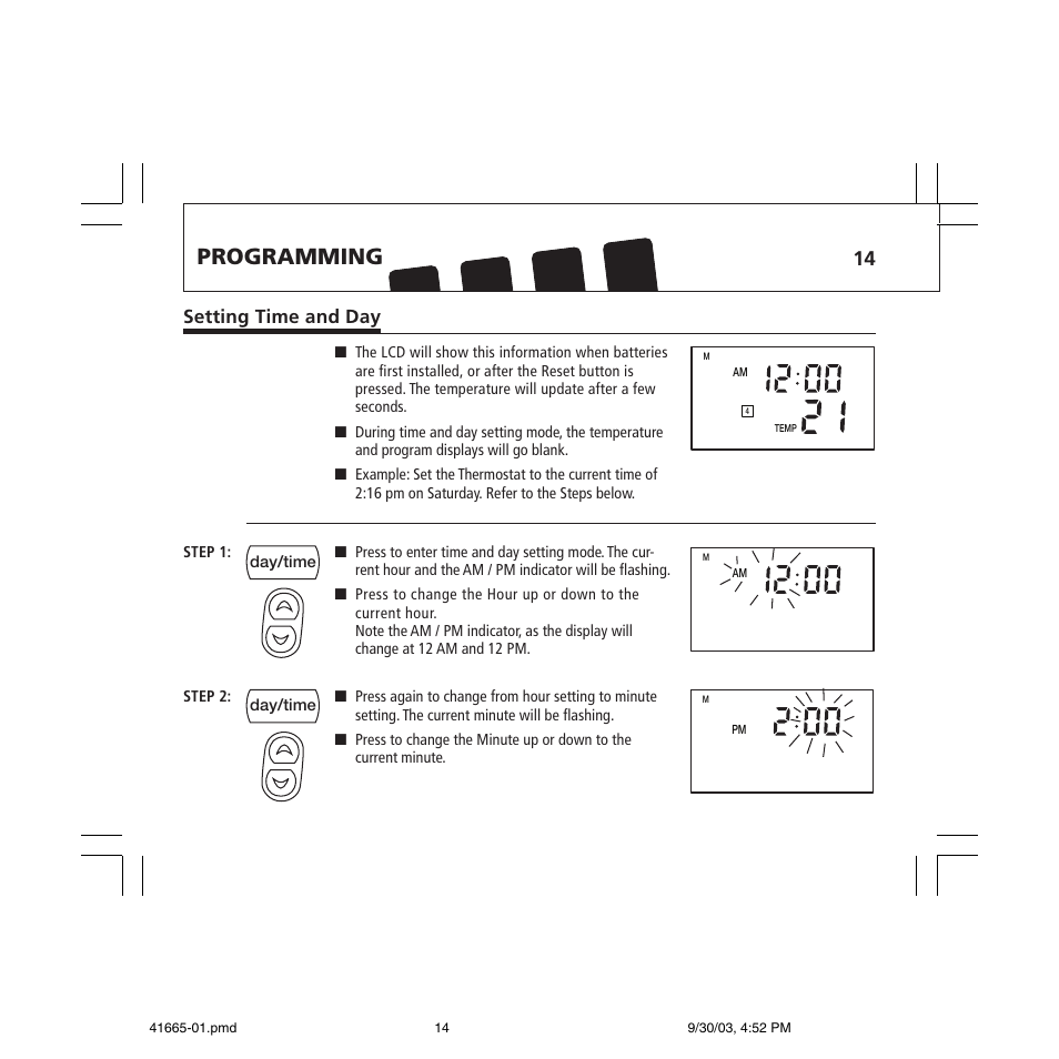 Programming, Setting time and day | Hunter Fan 47300A User Manual | Page 14 / 44