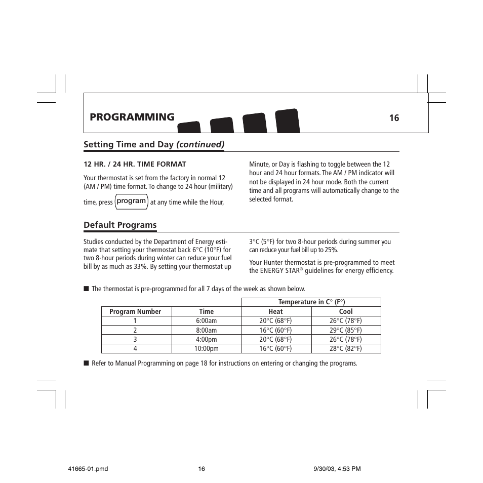 Programming | Hunter Fan 47300A User Manual | Page 16 / 44