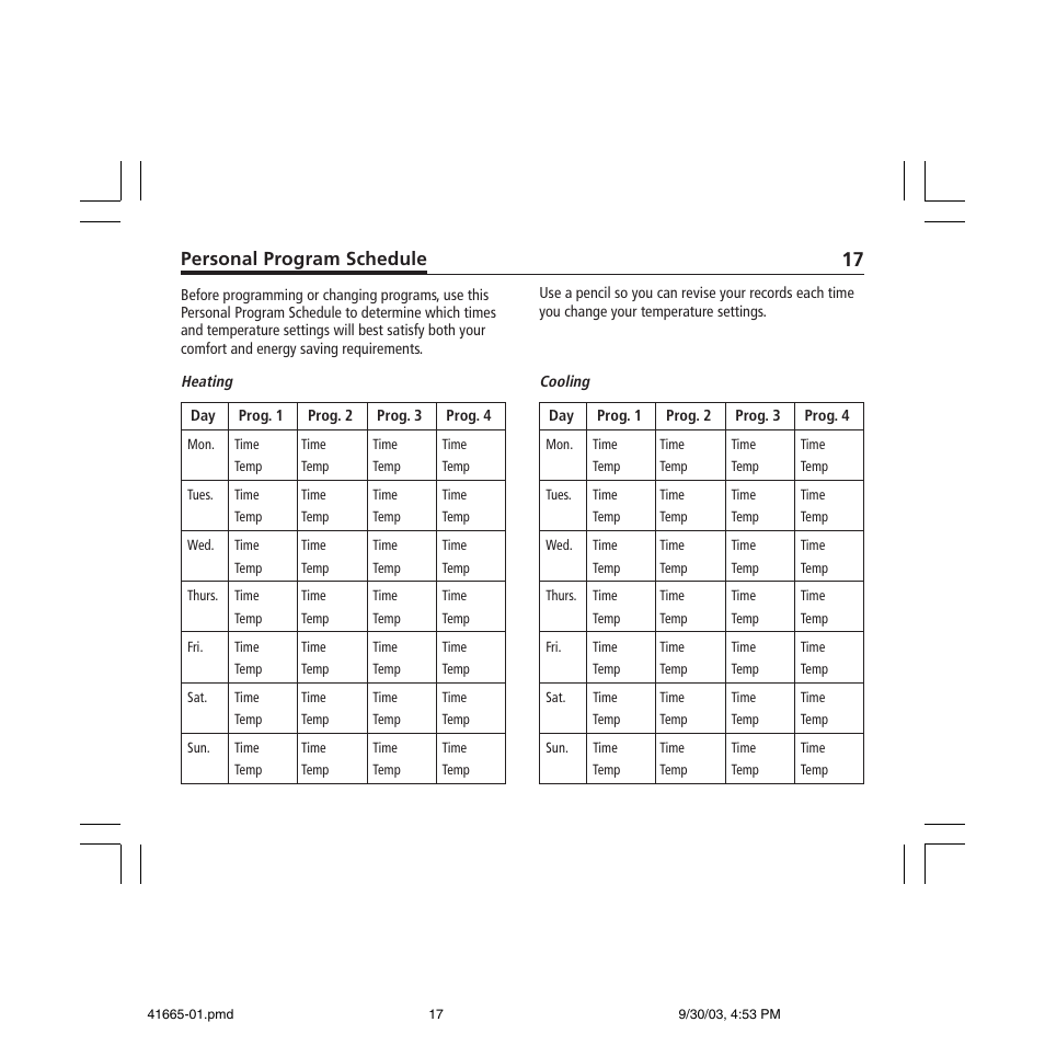 Personal program schedule | Hunter Fan 47300A User Manual | Page 17 / 44