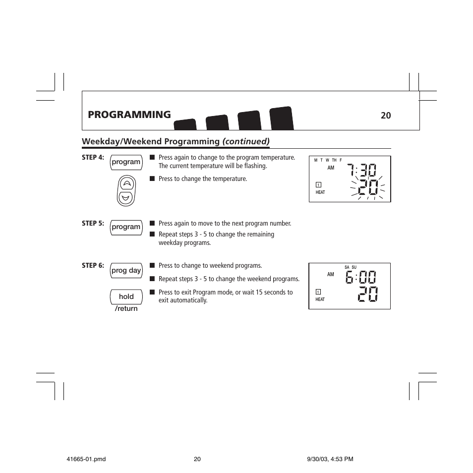 Programming, Weekday/weekend programming (continued) | Hunter Fan 47300A User Manual | Page 20 / 44