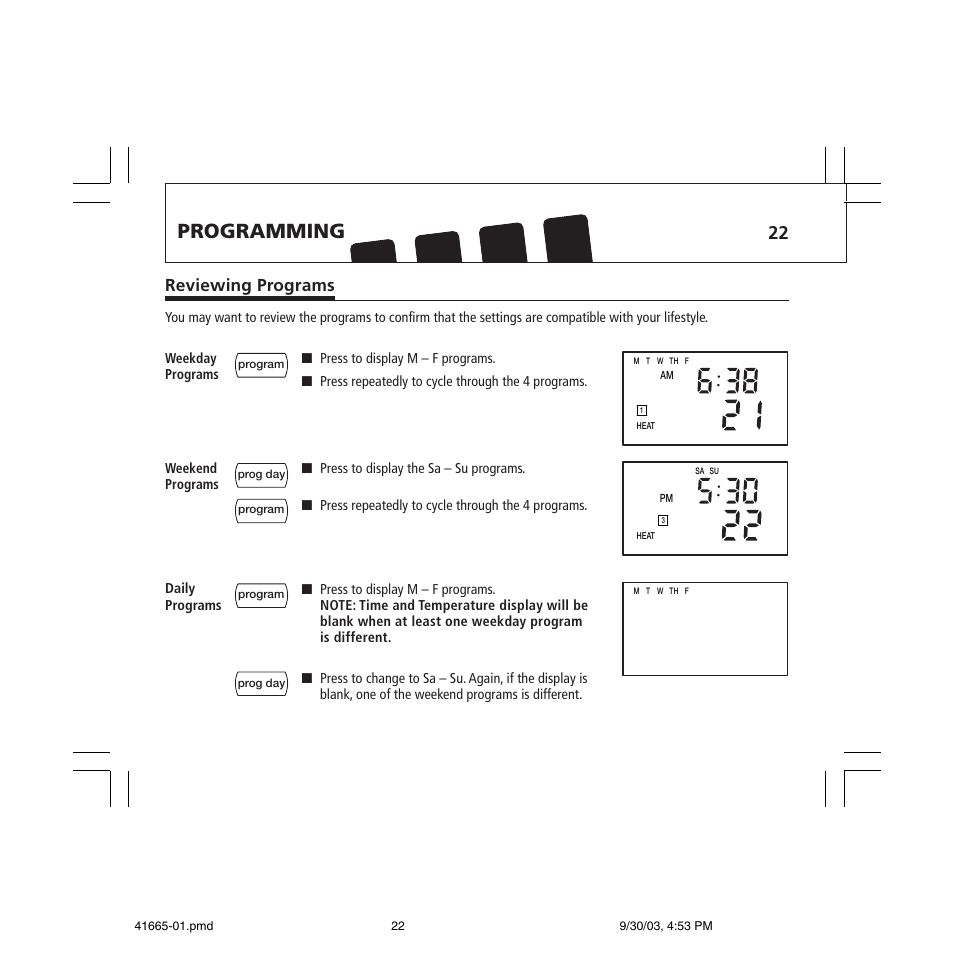 Programming, Reviewing programs | Hunter Fan 47300A User Manual | Page 22 / 44