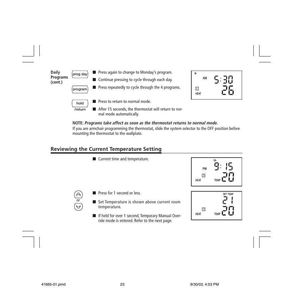 Reviewing the current temperature setting | Hunter Fan 47300A User Manual | Page 23 / 44