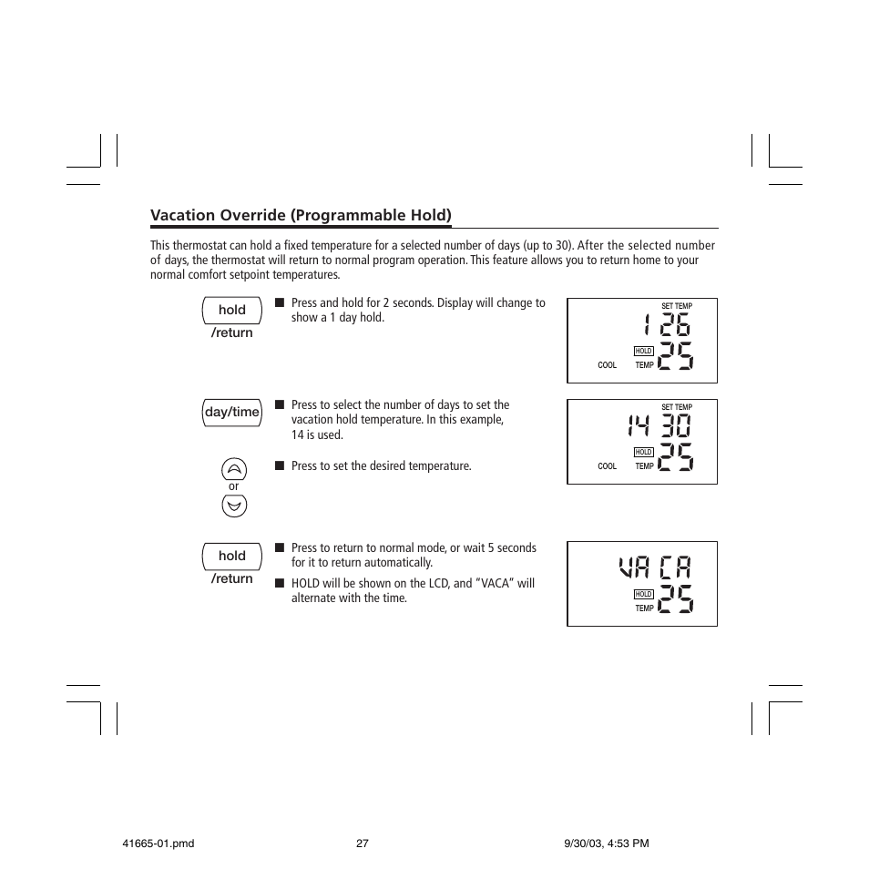 Vacation override (programmable hold) | Hunter Fan 47300A User Manual | Page 27 / 44