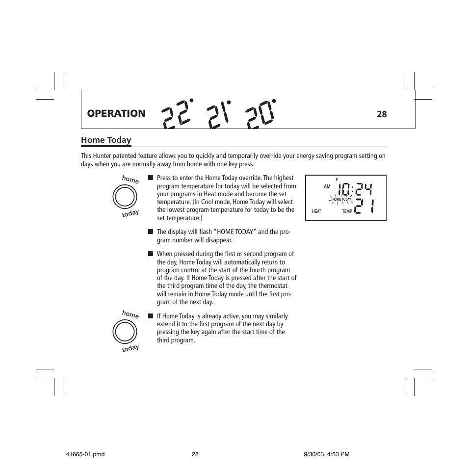 Operation, Home today | Hunter Fan 47300A User Manual | Page 28 / 44