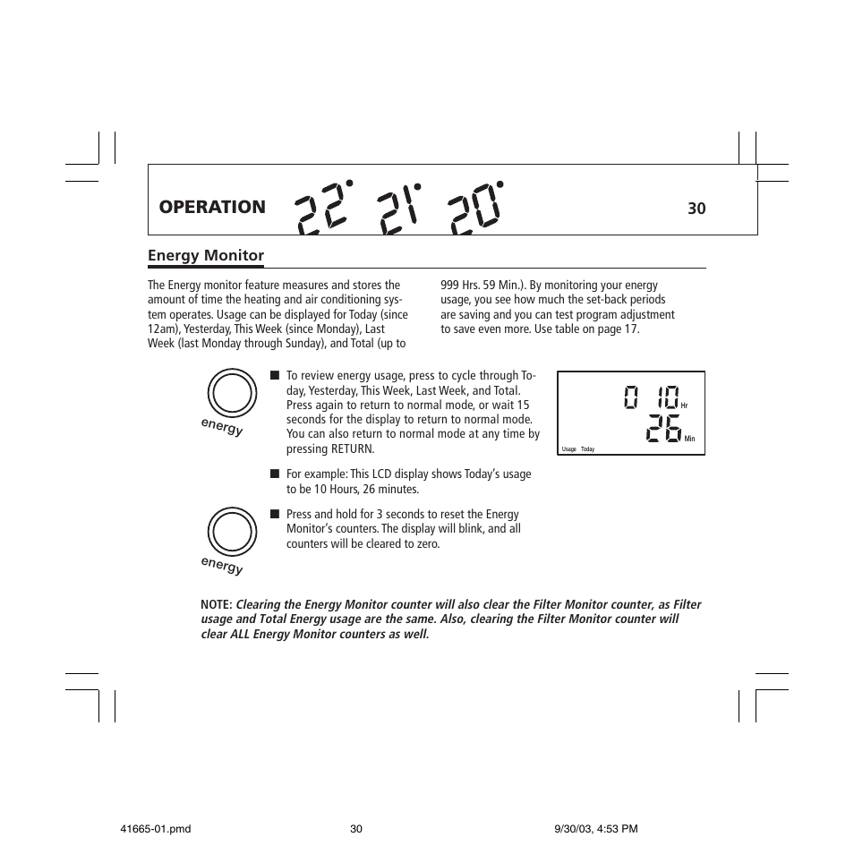 Operation, Energy monitor | Hunter Fan 47300A User Manual | Page 30 / 44