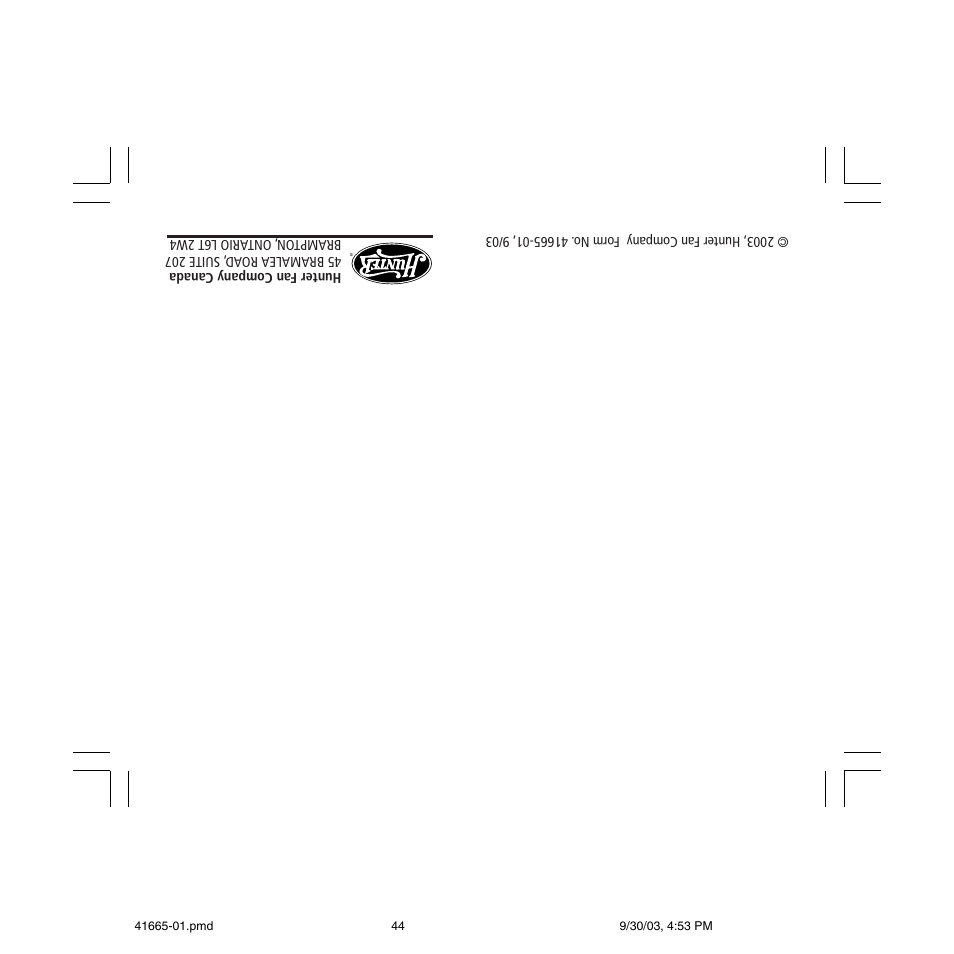 Hunter Fan 47300A User Manual | Page 44 / 44
