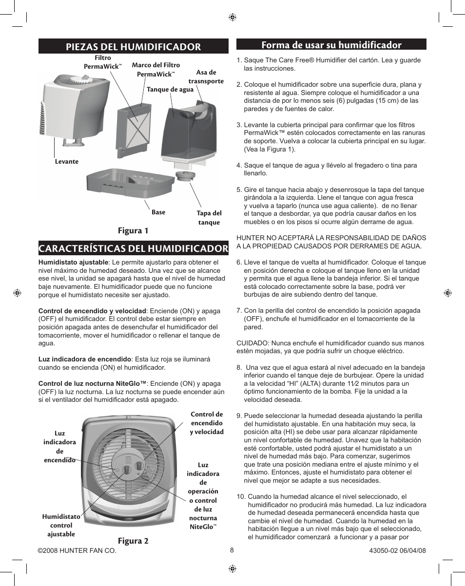 Piezas del humidificador, Características del humidificador, Forma de usar su humidificador | Figura 1, Figura 2 | Hunter Fan CARE FREE 33283 User Manual | Page 8 / 15