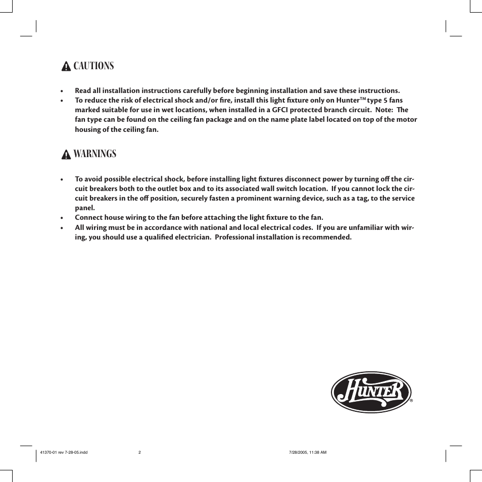 Cautions, Warnings | Hunter 28511 Outdoor Marine II Low Profile Globe Light Kit User Manual | Page 2 / 6