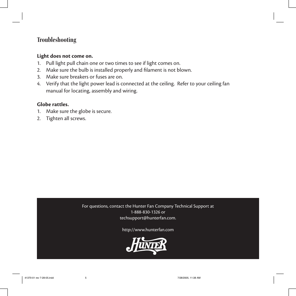 Troubleshooting | Hunter 28511 Outdoor Marine II Low Profile Globe Light Kit User Manual | Page 5 / 6