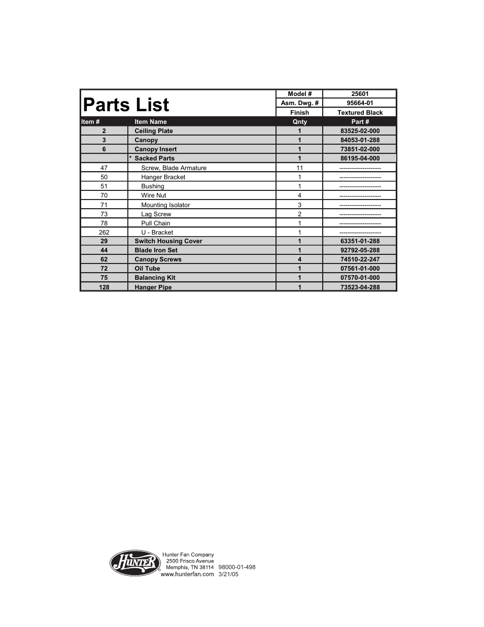 Parts list | Hunter Fan 25601 User Manual | Page 2 / 4