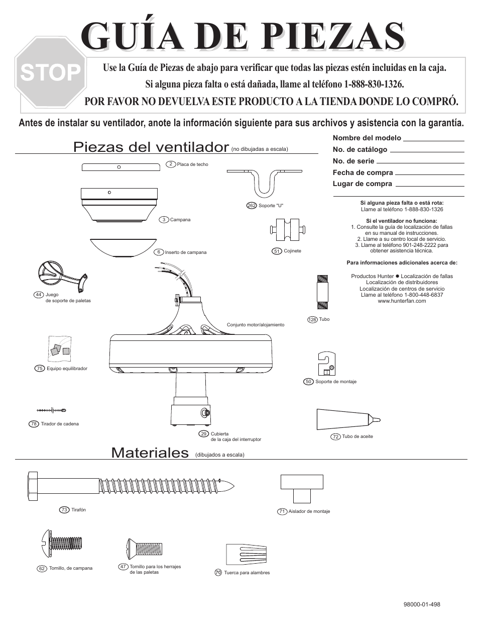 Guía de piezas, Materiales, Piezas del ventilador | Hunter Fan 25601 User Manual | Page 3 / 4