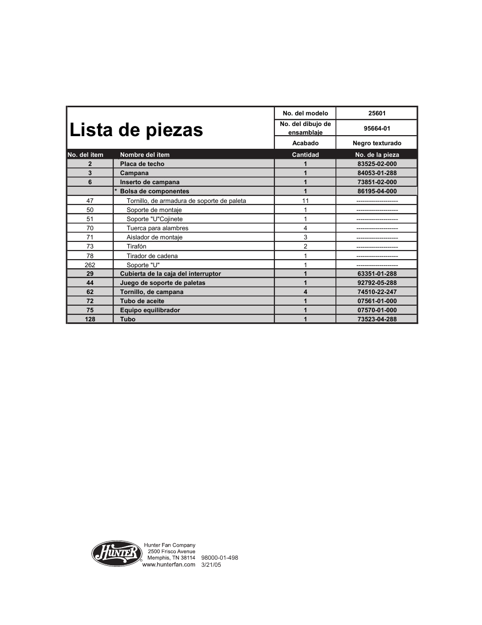 Lista de piezas | Hunter Fan 25601 User Manual | Page 4 / 4