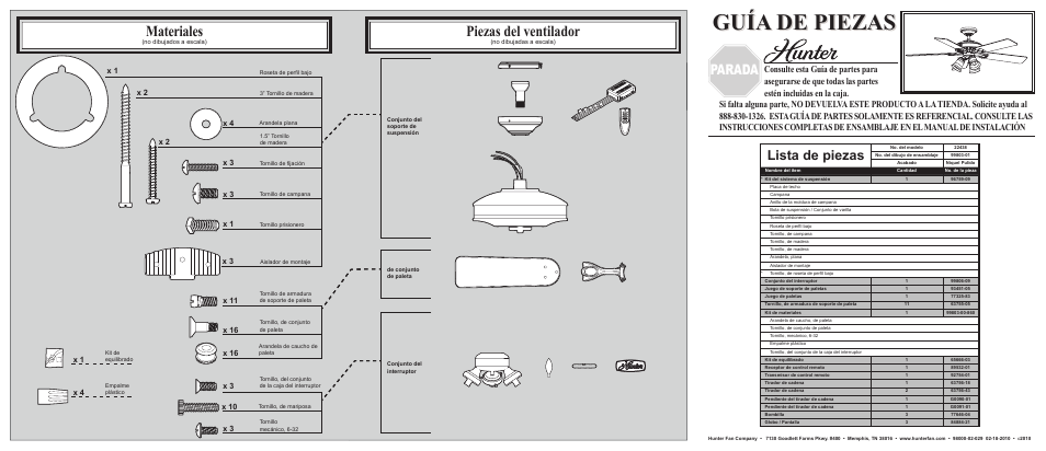 Guía de piezas, Materiales, Piezas del ventilador | Parada, Lista de piezas | Hunter Fan 22438 User Manual | Page 2 / 2