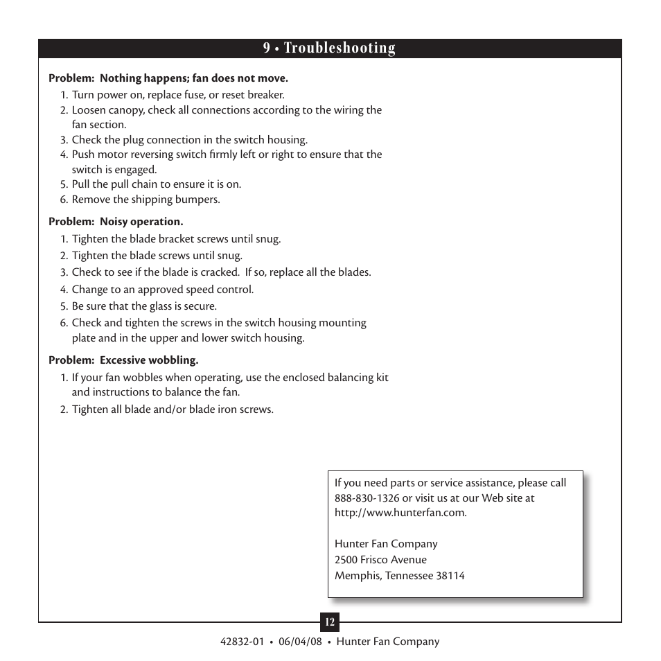 9 • troubleshooting | Hunter Fan 23347 User Manual | Page 12 / 12