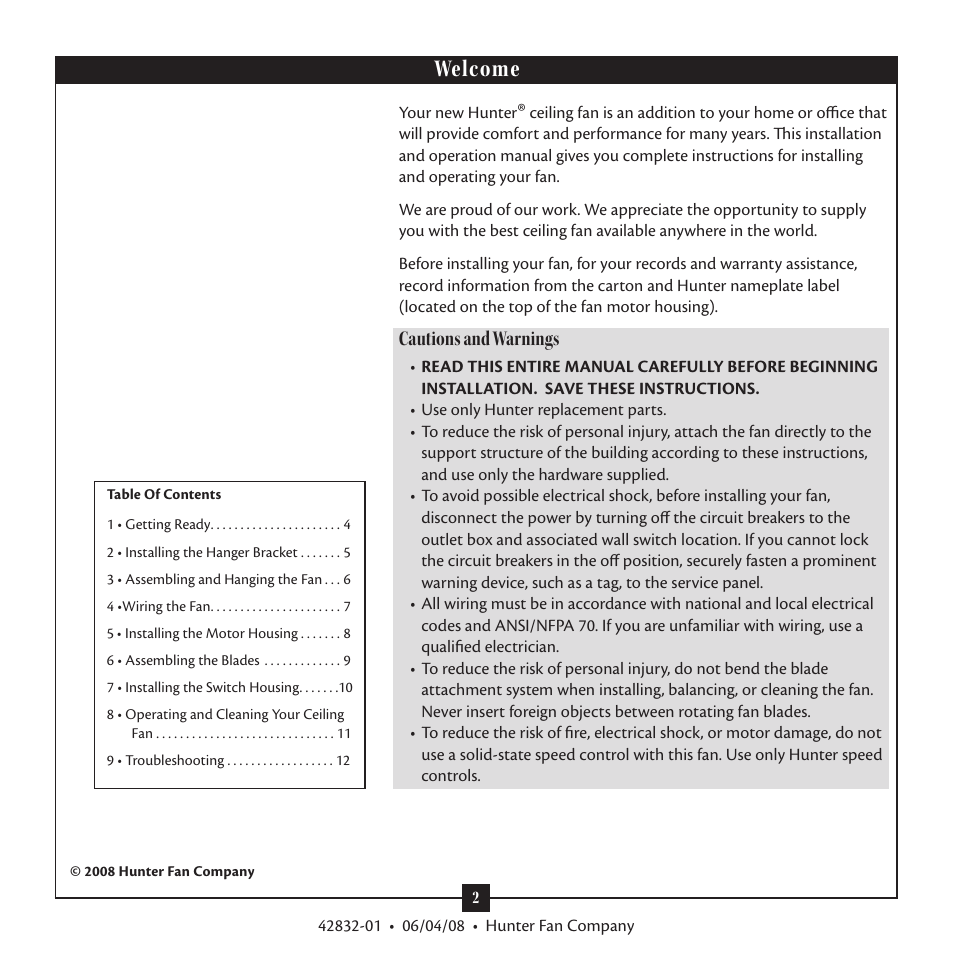 Welcome, Cautions and warnings | Hunter Fan 23347 User Manual | Page 2 / 12