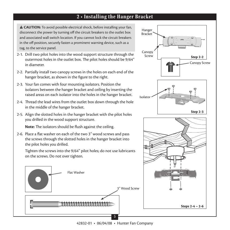 2 • installing the hanger bracket | Hunter Fan 23347 User Manual | Page 5 / 12