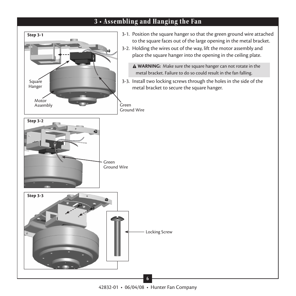 3 • assembling and hanging the fan | Hunter Fan 23347 User Manual | Page 6 / 12