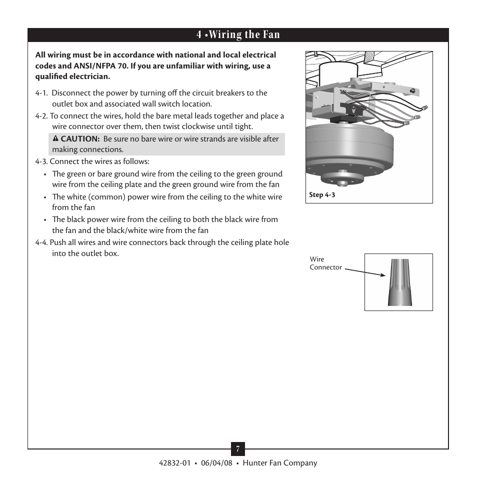 4 •wiring the fan | Hunter Fan 23347 User Manual | Page 7 / 12